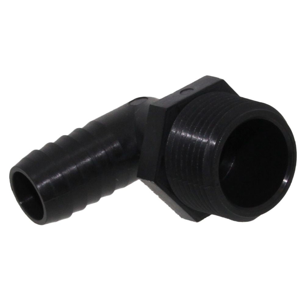 Male Elbow Barb x Male NPT - 1/2" HB x 1" MNPT - Black Polypropylene