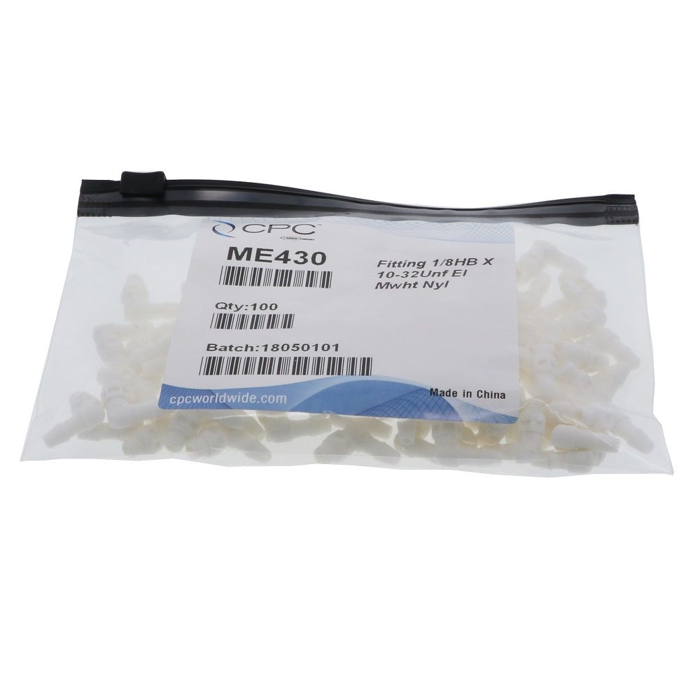 ME430 Elbow Fitting White Nylon Tapered 10-32 X 1/8 HB
