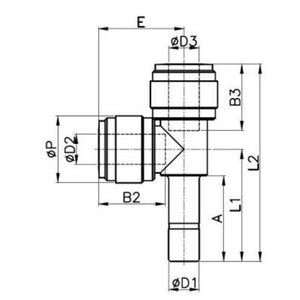 NeoFit - Acetal Black Stem Run Tee 1/2" tube x 3/8" tube x stem 1/2"