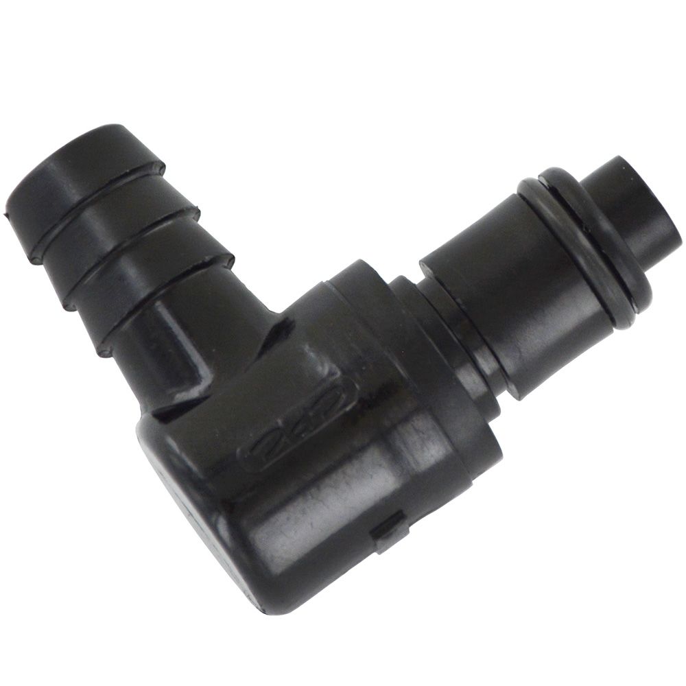 PLCD23006VBLK Valved Black Elbow Hose Barb Coupling Insert 3/8 ID Barb FKM [Viton] O-rings