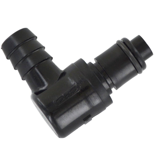 PLCD23006VBLK Valved Black Elbow Hose Barb Coupling Insert 3/8 ID Barb FKM [Viton] O-rings