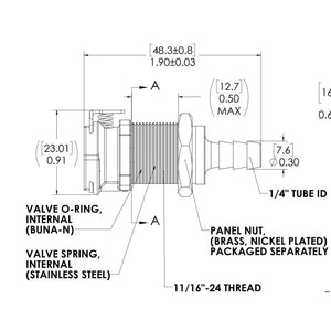 LinkTech 40AC Series Panel Mt. Female, Valved, 1/4" HB, Natural Acetal,