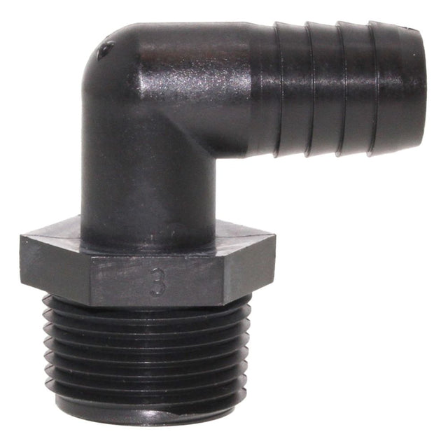 Male Elbow Barb x Male NPT - 5/8" HB x 1" MNPT - Black Polypropylene