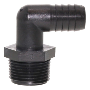 Male Elbow Barb x Male NPT - 1/2" HB x 3/4" MNPT - Black Polypropylene