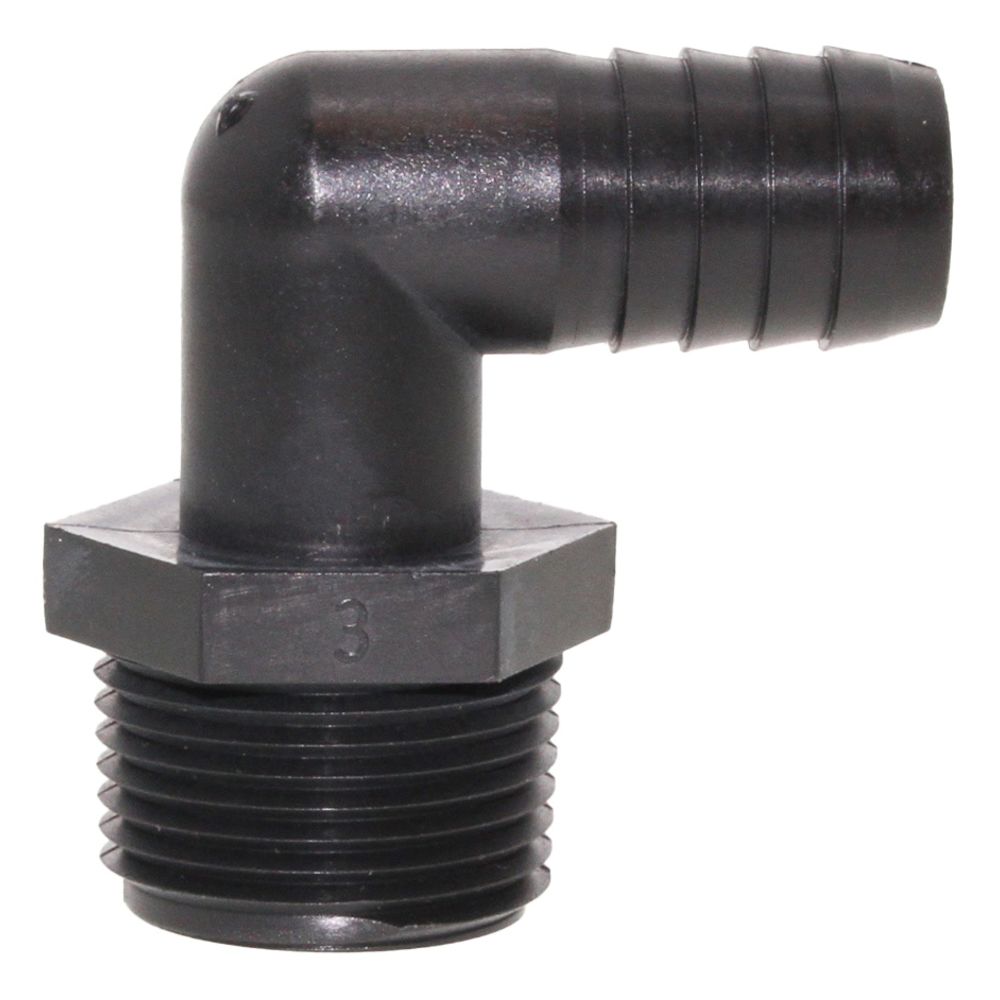 Male Elbow Barb x Male NPT - 1/2" HB x 1" MNPT - Black Polypropylene