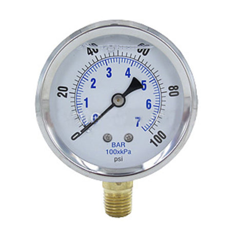 Water Pressure Gauge 100 PSI, 1/4" MPT, 2.5" Plastic Dial, Lower Mount, SS Case