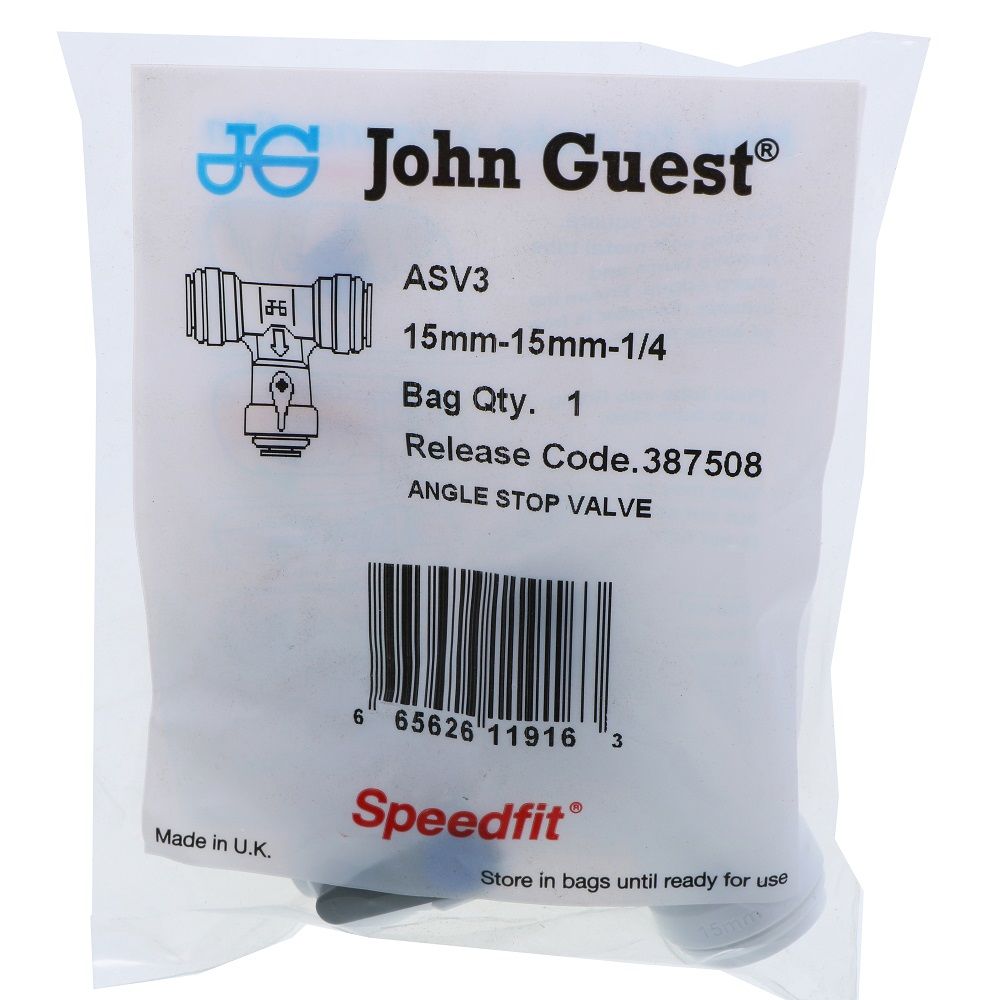 John Guest Acetal Angle Stop Valve w/Check Valve - 15mm x 15mm x 1/4"