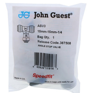 John Guest Acetal Angle Stop Valve w/Check Valve - 15mm x 15mm x 1/4"