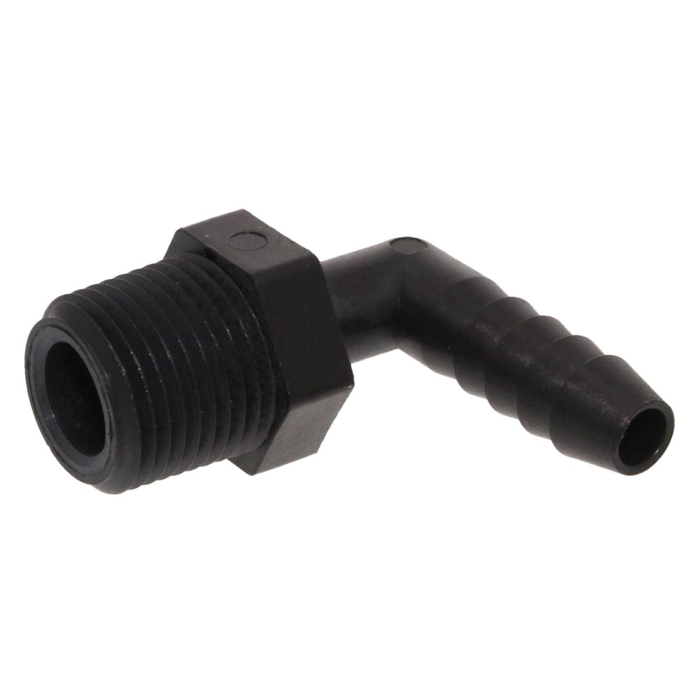 Male Elbow Barb x Male NPT - 1/4" HB x 1/2" MNPT - Black Polypropylene