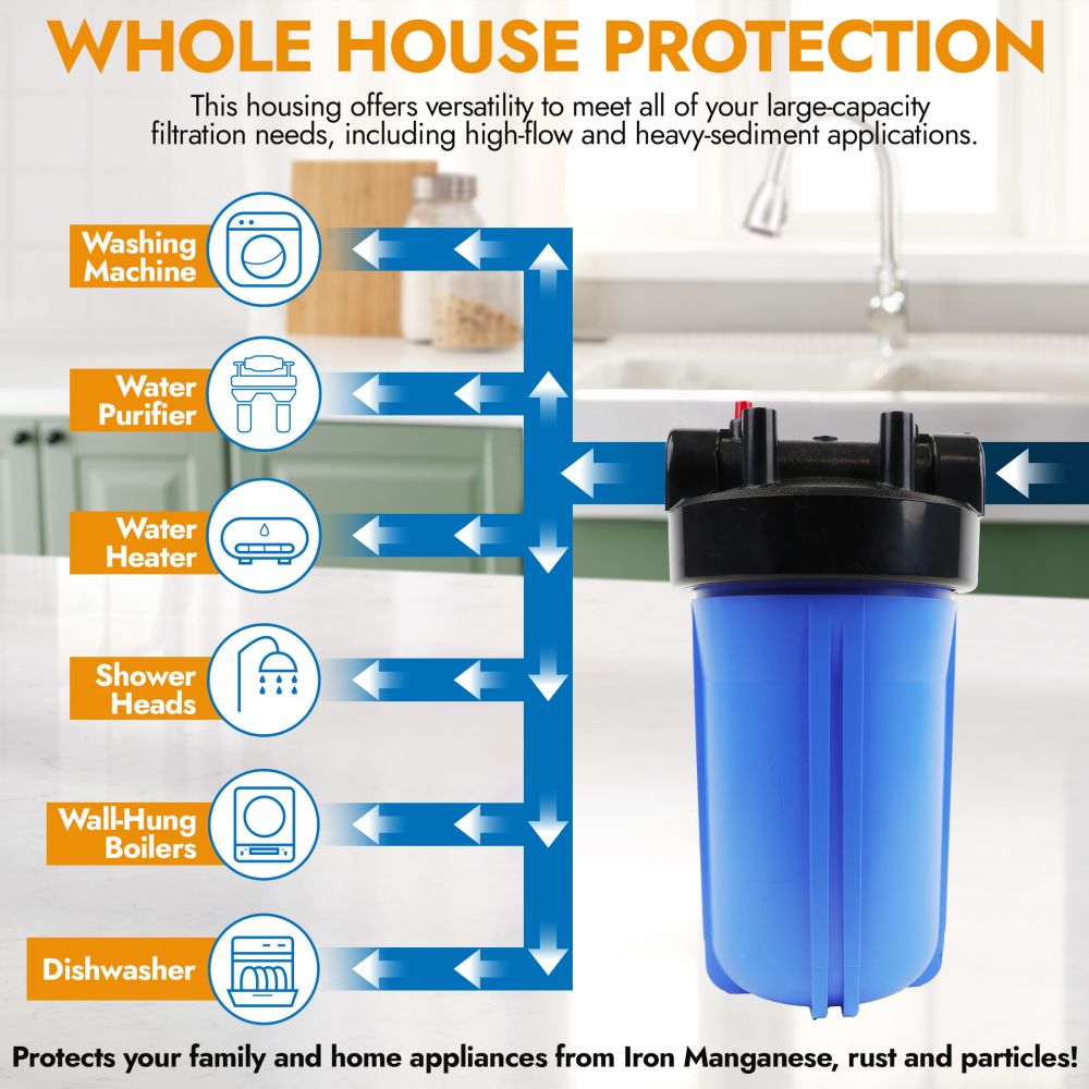 20" Big Flow Twin Parallel Filter Housing DIY - Black Cap/Blue Sump 1" PR, Wrench