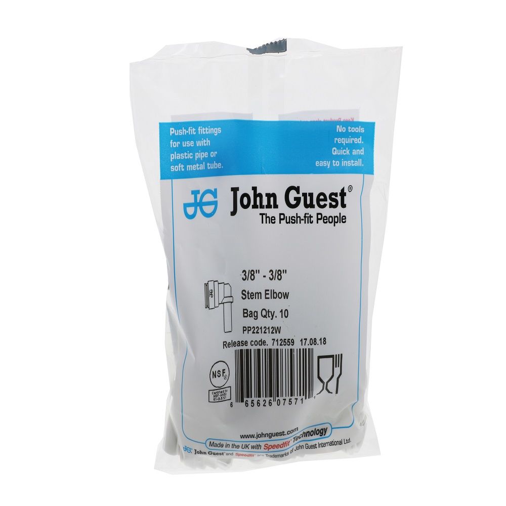 John Guest Stem Elbow Connector Polypro - 3/8 Stem x 3/8