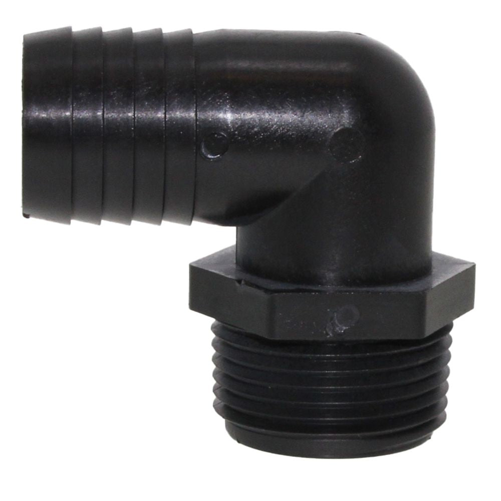 Male Elbow Barb x Male NPT - 1" HB x 1/2" MNPT - Black Polypropylene