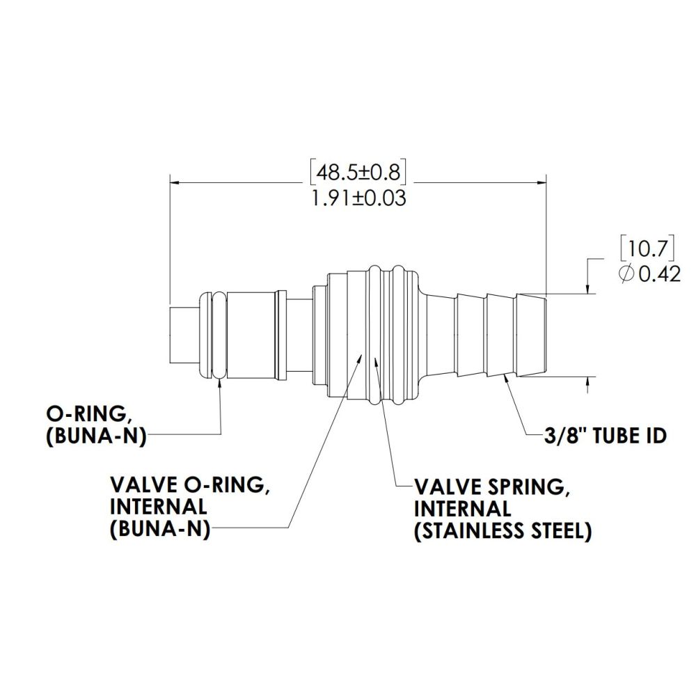 LinkTech 50AC Series Straight Male, Valved, 3/8" HB, Natural Acetal, Buna N