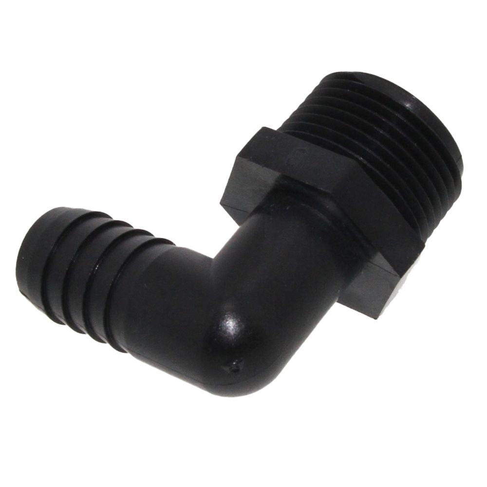 Male Elbow Barb x Male NPT - 1/2" HB x 3/4" MNPT - Black Polypropylene