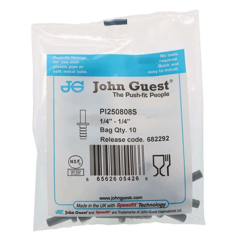 John Guest Stem Barb Connector  - 1/4 OD Stem x 1/4 ID Barb