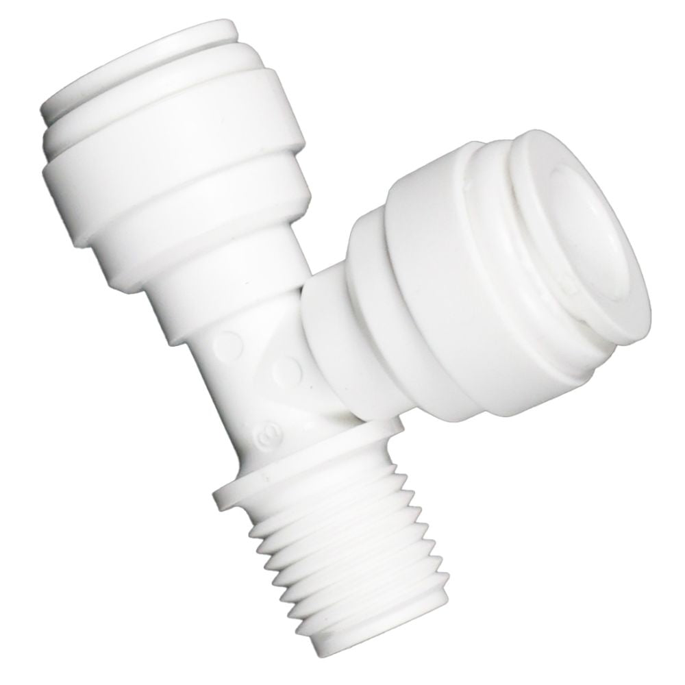Male Run Tee Acetal 3/8 qc x 1/4 MNPT Run x 3/8 qc Branch