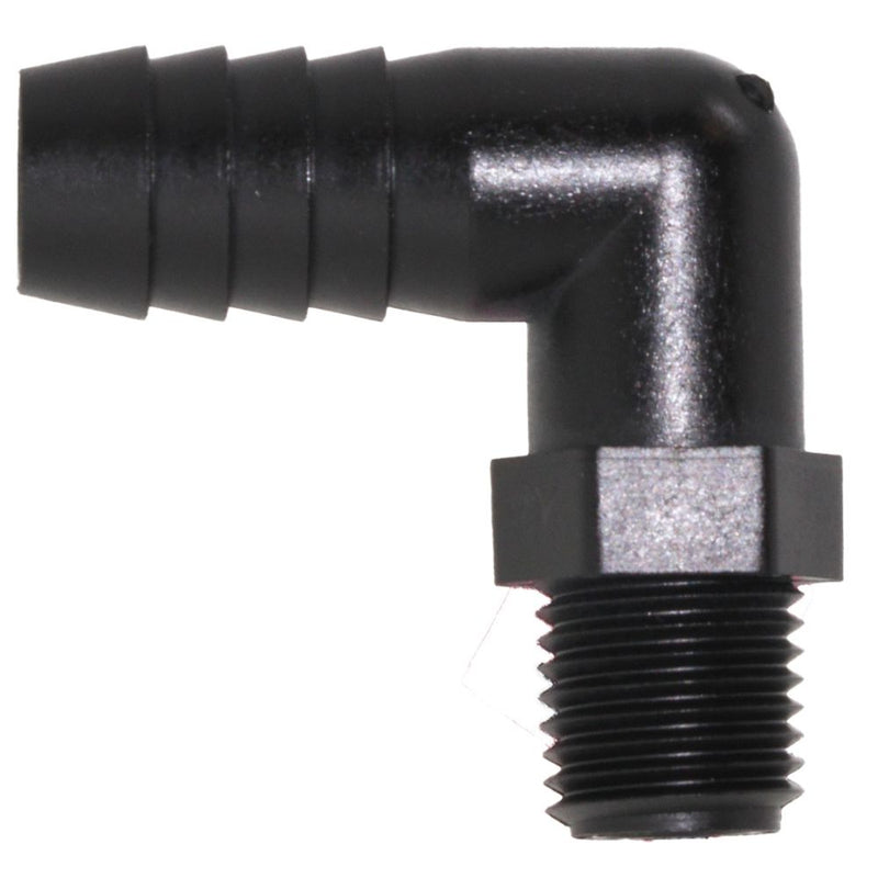 Male Elbow Barb x Male NPT - 1/2" HB x 3/8" MNPT - Black Polypropylene