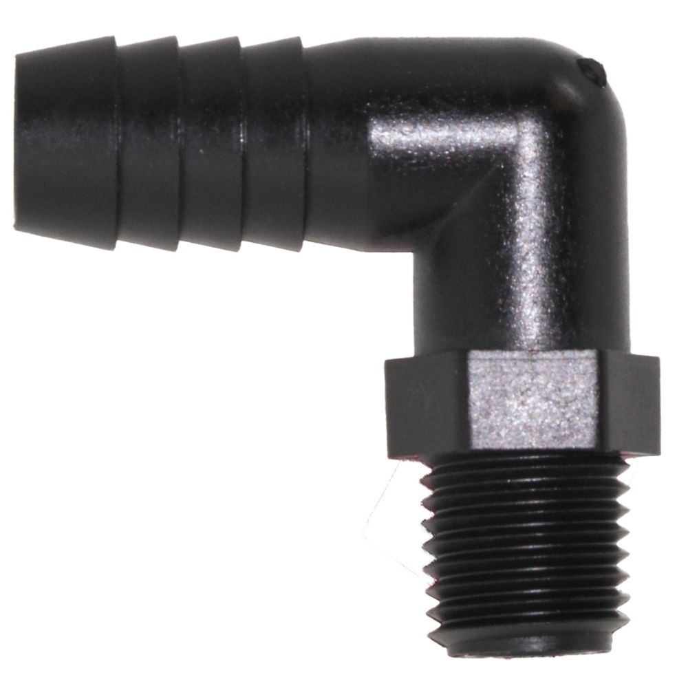 Male Elbow Barb x Male NPT - 3/8" HB x 1/4" MNPT - Black Polypropylene