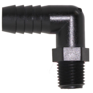 Male Elbow Barb x Male NPT - 3/8" HB x 1/4" MNPT - Black Polypropylene
