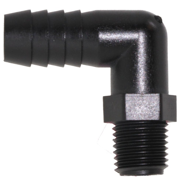 Male Elbow Barb x Male NPT - 3/8" HB x 1/4" MNPT - Black Polypropylene